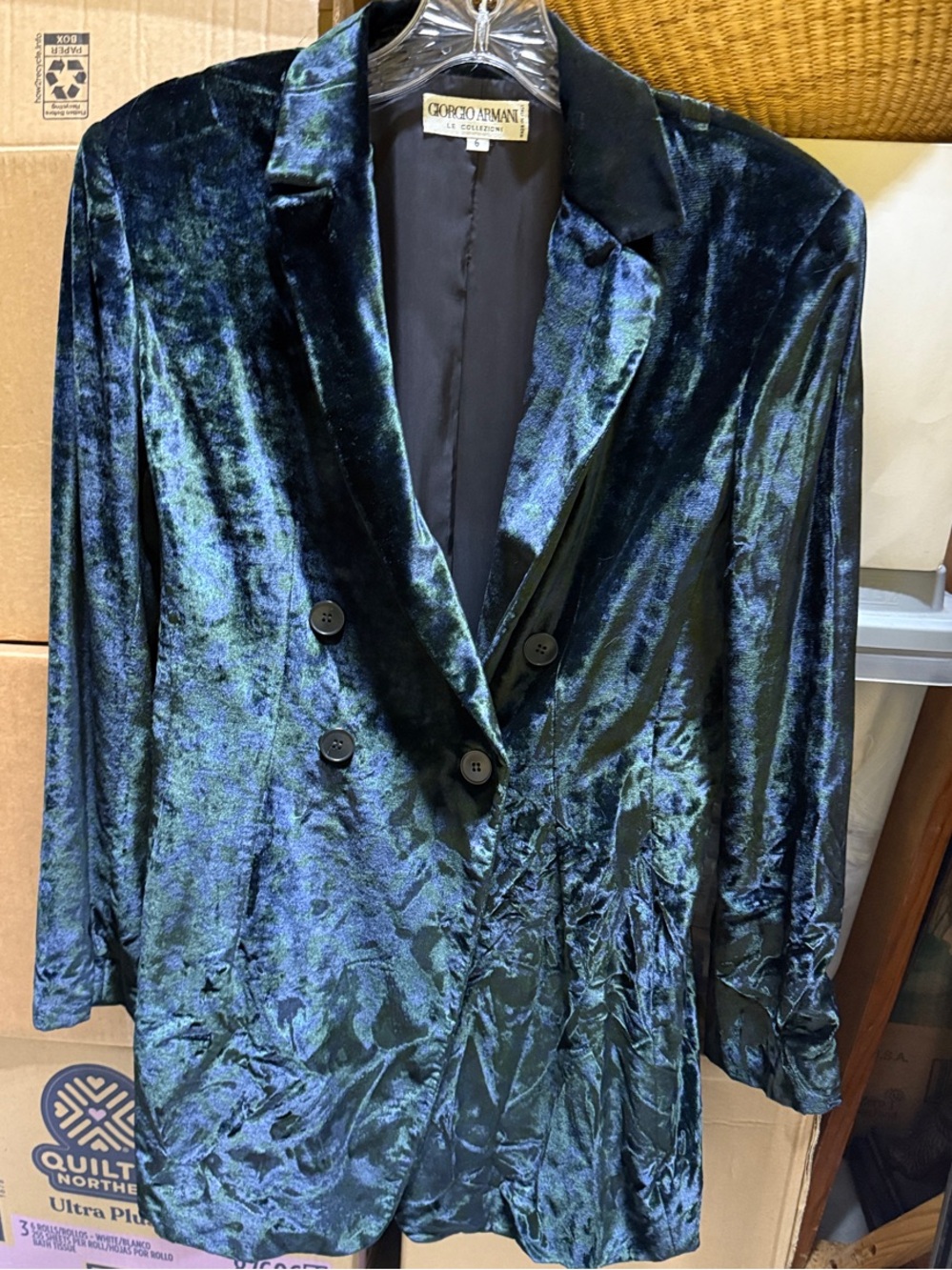 Giorgio Armani Iridescent Velvet Double-Breasted Blazer - Deep Teal/Black